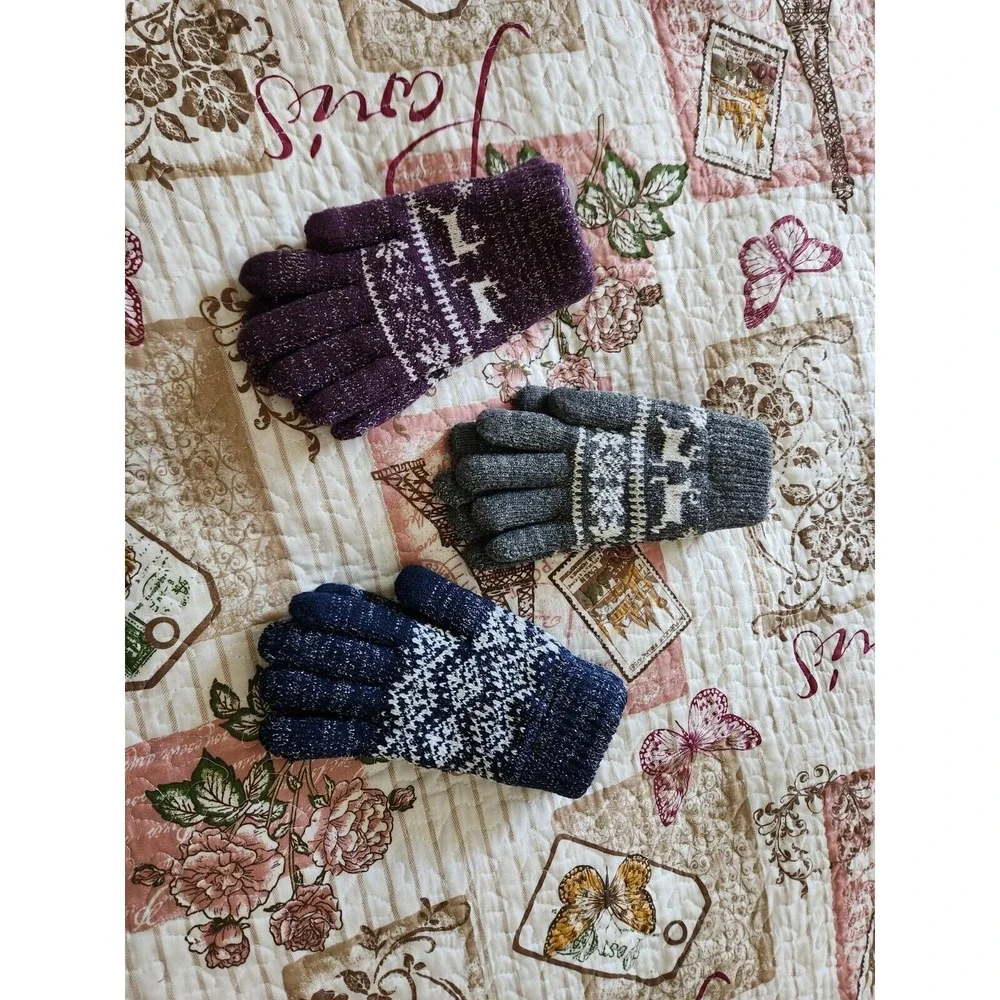 Set Of 3 Women's‎ SNOWFLAKE FAIR ISLE TOUCH GLOVE Blue, Gray and Purple